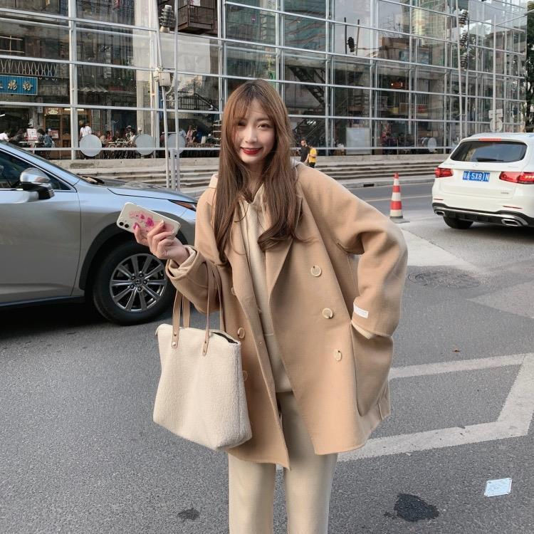 2023新款秋冬季加厚毛呢外套女保暖小眾寬鬆顯瘦減齡雙排扣潮