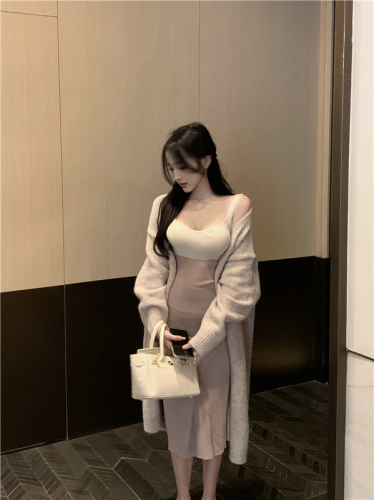 Actual shot of new winter waist slimming knitted suspender dress long loose coat large sweater