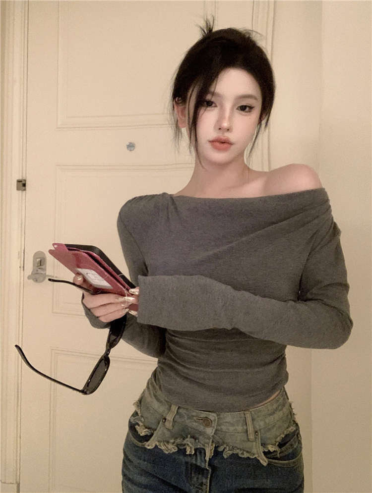 秋季彈力緊身長袖t恤一字肩露鎖骨氣質上衣女裝法式修身小眾上衣
