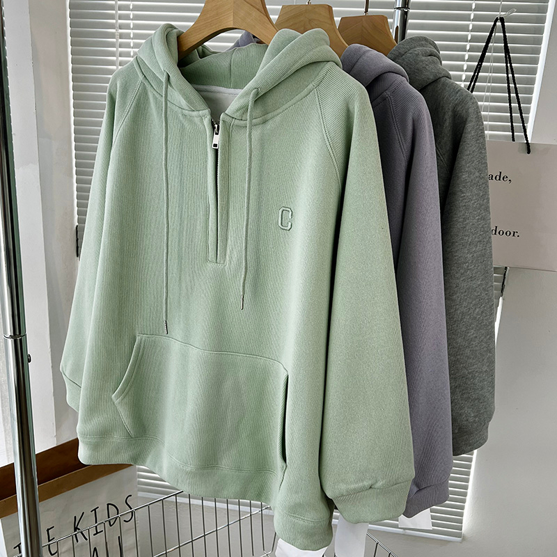 冬季字母刺繡半拉鏈加絨衛衣女秋冬加厚寬鬆慵懶風插肩袖連帽外套