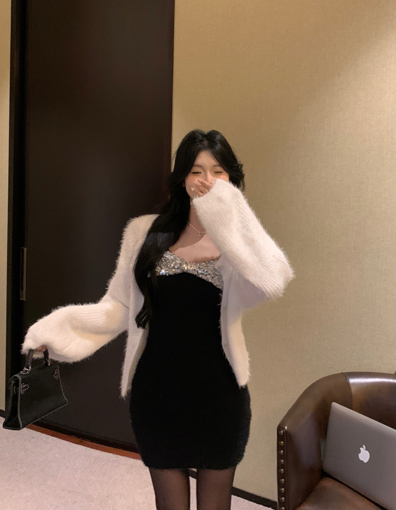 實拍 性感辣妹女秋冬重工亮片吊帶連衣裙毛絨絨外套套裝
