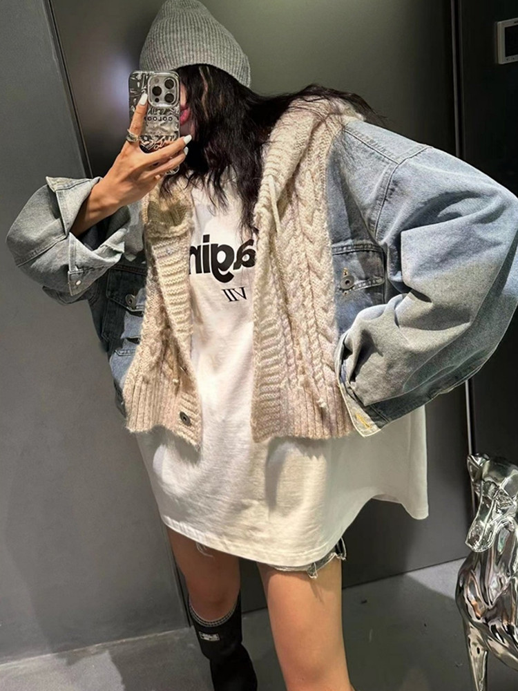 New autumn and winter hooded knitted patchwork denim jacket