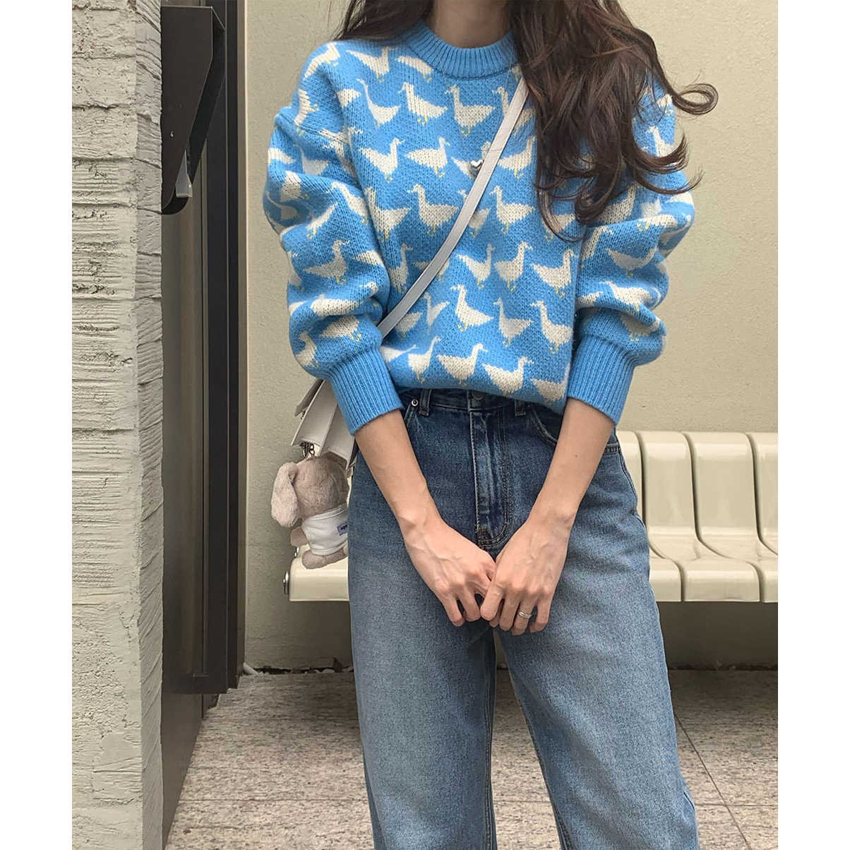 韓版 ins博主同款 可愛減齡小鴨子套頭毛衣 卡通圖案保暖毛衣