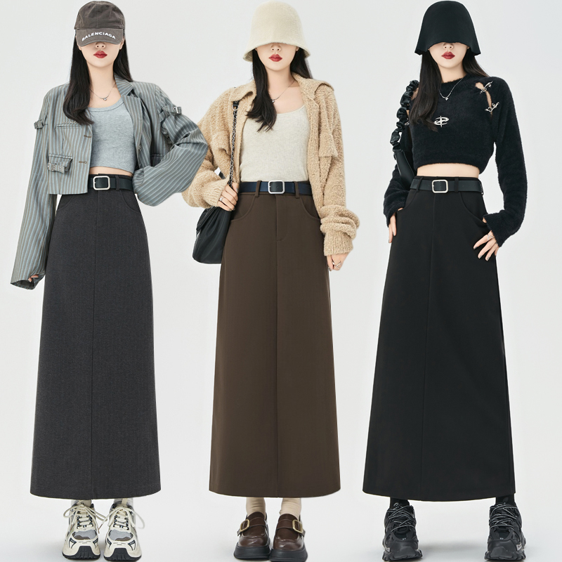 Actual shot of woolen skirt for women 2023 autumn and winter high-waisted straight hip-hugging one-step skirt with back slit a-line mid-length skirt