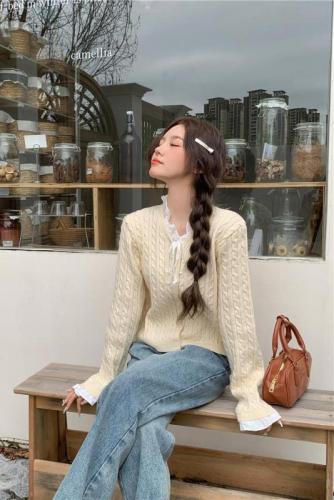 Actual shot of Korean spliced ​​ribbon fungus-edged twist knitted cardigan, versatile college style sweet age-reducing jacket