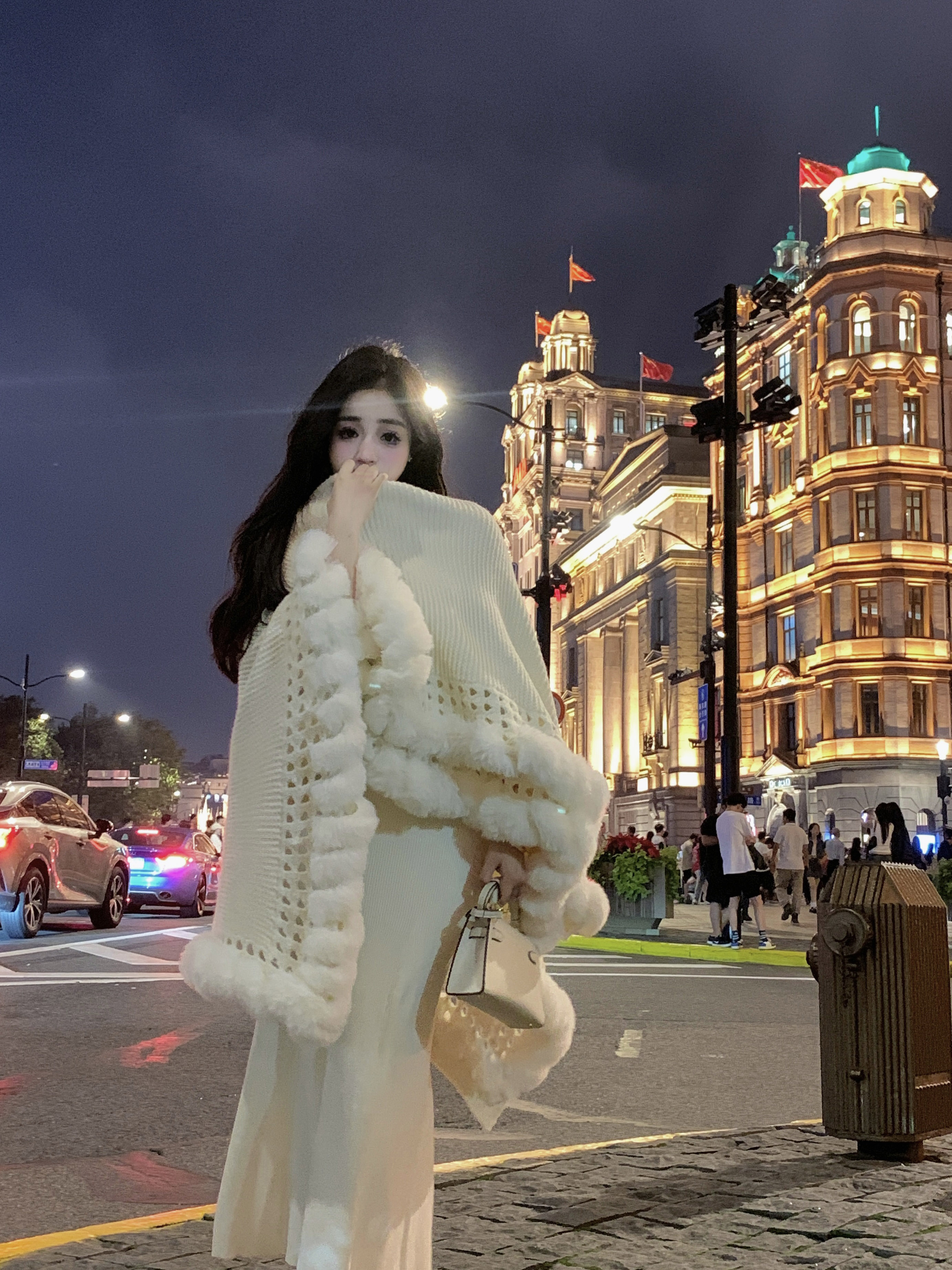 實拍~時尚名媛氣質毛球披肩加厚外搭針織長袖旗袍扣連衣裙