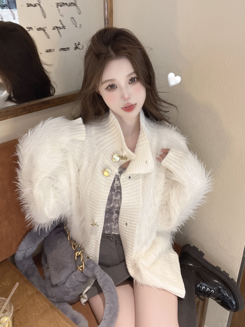 實拍 仿水貂絨高領毛衣開衫女秋冬高級感氣質寬鬆毛毛針織外套