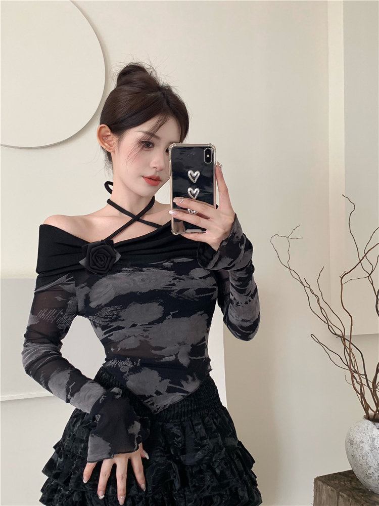 Real shot ~ Black fake two-piece one-shoulder hot girl mesh hot girl top