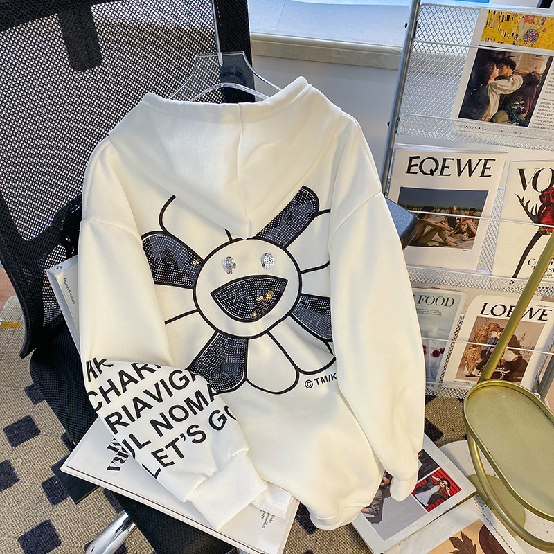 Actual shot of 2023 spring and autumn new pure cotton Chinese cotton composite milk silk thin cartoon age-reducing hooded sweatshirt for women