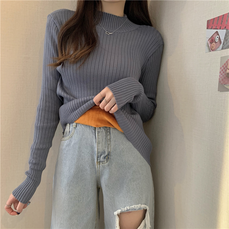 Actual shot of the new version of Korean style slim-fitting half turtleneck pullover plus velvet warm sweater