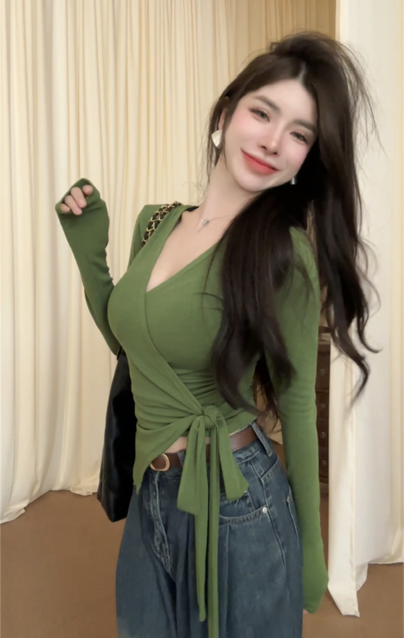 Real shot early autumn new design versatile V-neck long-sleeved waist strap irregular women's top T-shirt