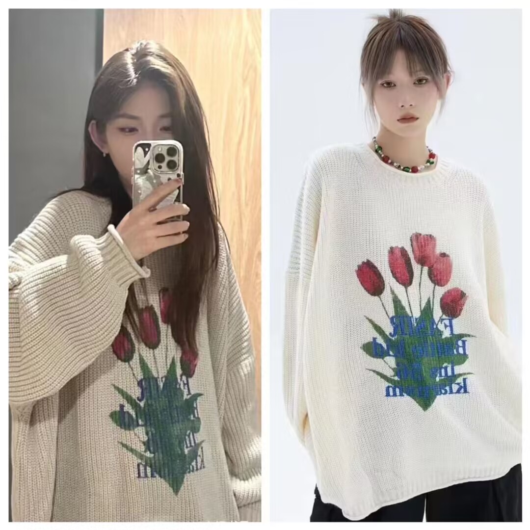 打怪 國潮美式鬱金香毛衣針織衫女秋冬季潮牌寬鬆情侶裝印花上衣