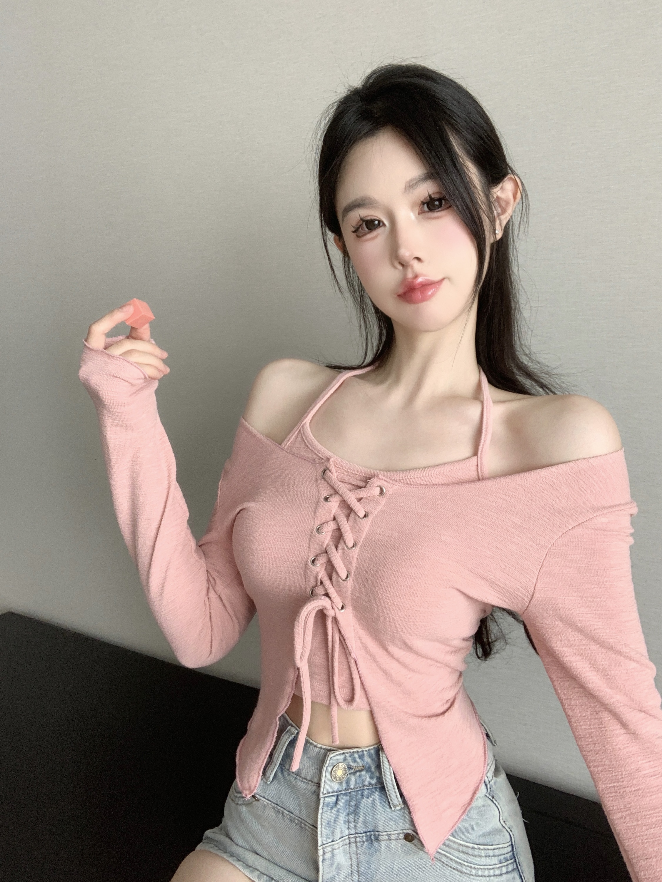 #實拍#韓式辣妹純欲風設計感針織開衫假兩件系帶上衣女潮