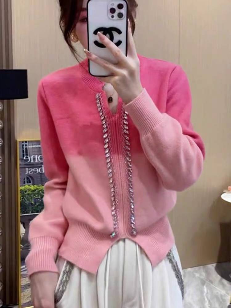 漸變色鑲鑽針織衫女秋冬2023新款氣質慵懶風毛衣v領長袖外套1279