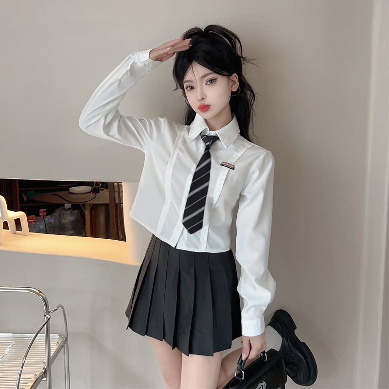 College style jk uniform suit for women in autumn sweet and spicy white long-sleeved slim short shirt + pleated skirt two-piece set