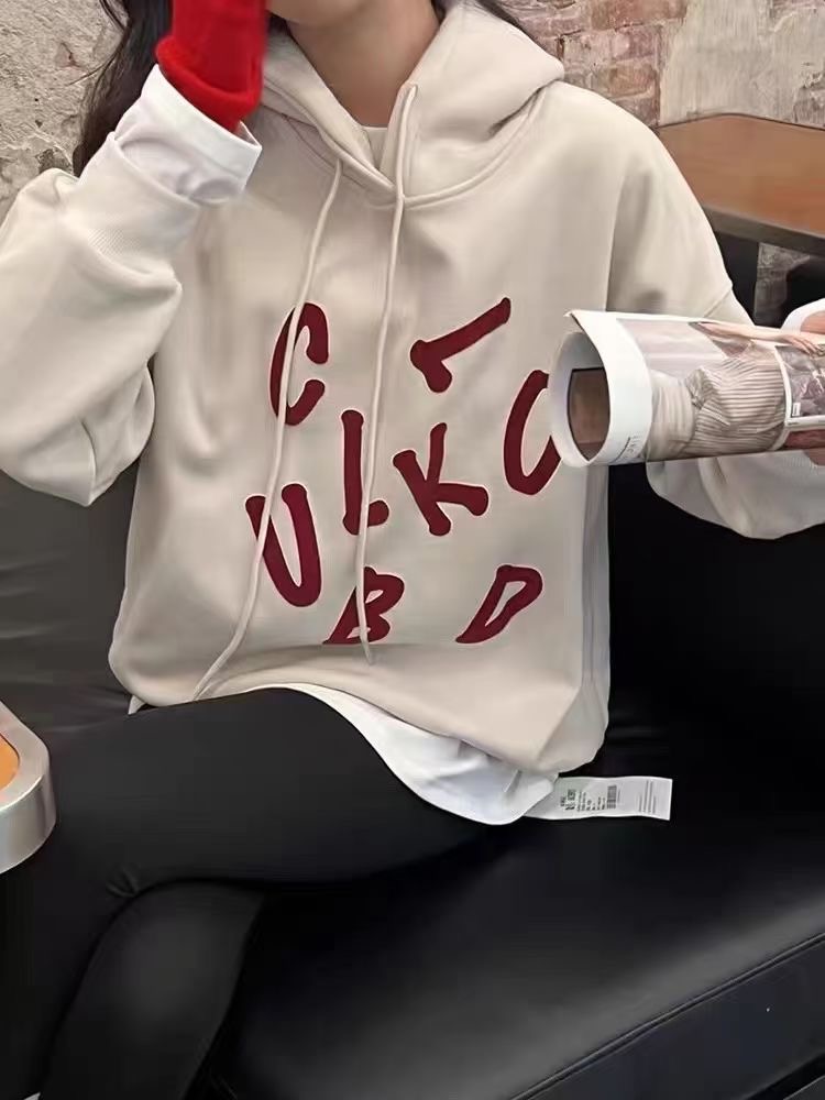 復古字母連帽加絨衛衣女2023秋冬韓系休閒疊穿慵懶百搭外套