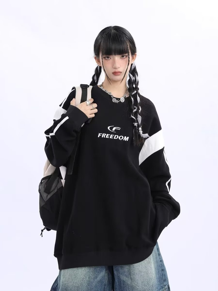 新款圓領黑色套頭衛衣男女2023秋冬美式復古長袖運動上衣潮牌衣服