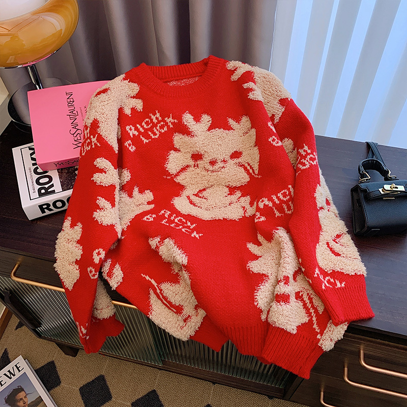 2024新年龍年本命年衣服紅色慵懶風毛衣女少年感穿搭秋冬針織外套