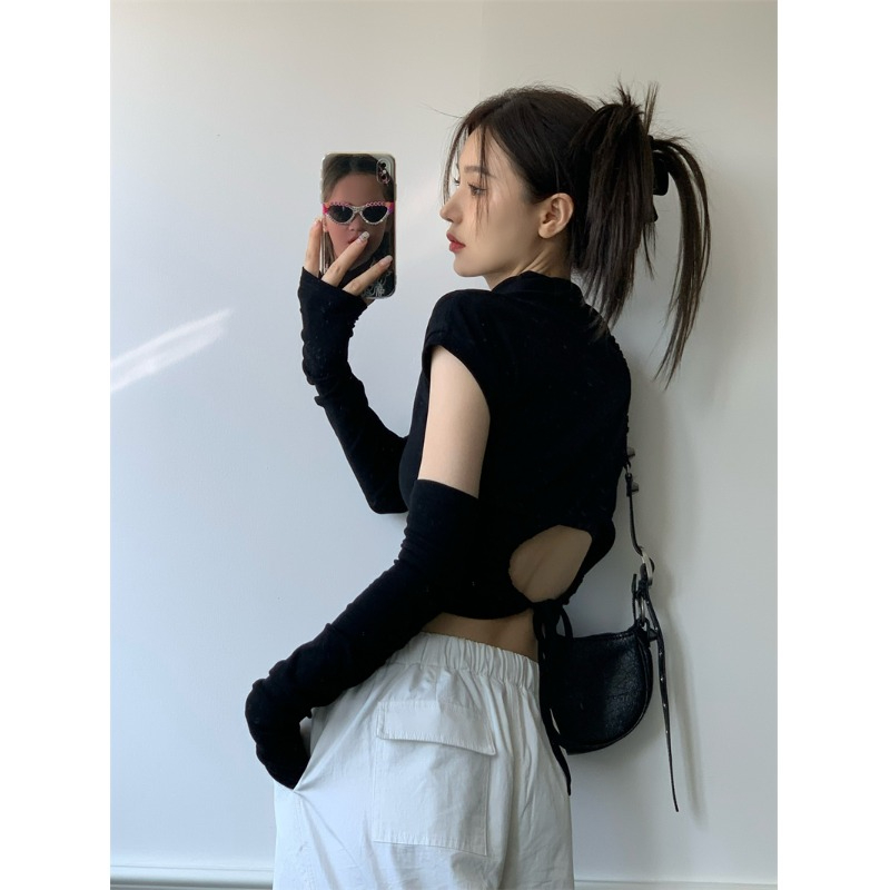 鏤空露背綁帶黑色t恤女春秋新款修身短款打底衫內搭袖套辣妹上衣