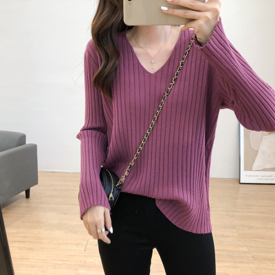 Soft and versatile V-neck pit striped long-sleeved sweater for women in autumn and winter loose elastic slimming pullover bottoming sweater top