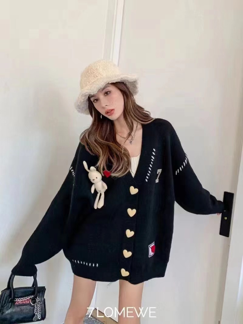 黑色愛心兔子針織開衫外套女2023春秋新款小個子寬鬆外搭毛衣女