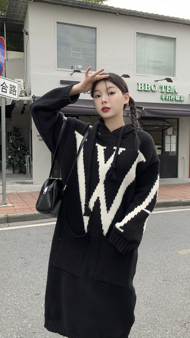Actual shot ~ All three standards ~ High-end lazy style long sweater dress loose slimming hooded dress