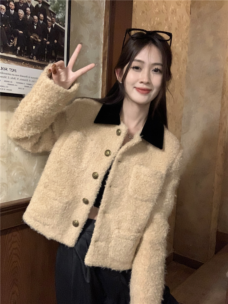 實拍 復古氣質短款小香毛呢外套秋冬高級感拼接正肩毛毛上衣