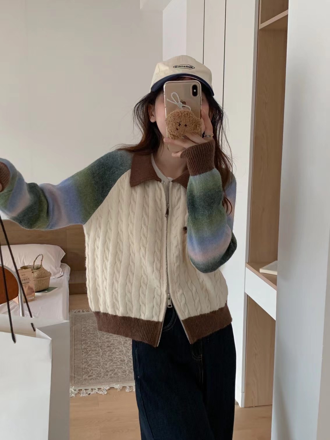 polo領短款毛衣開衫女新款拉鏈針織衫小個子女裝設計感上衣外套潮