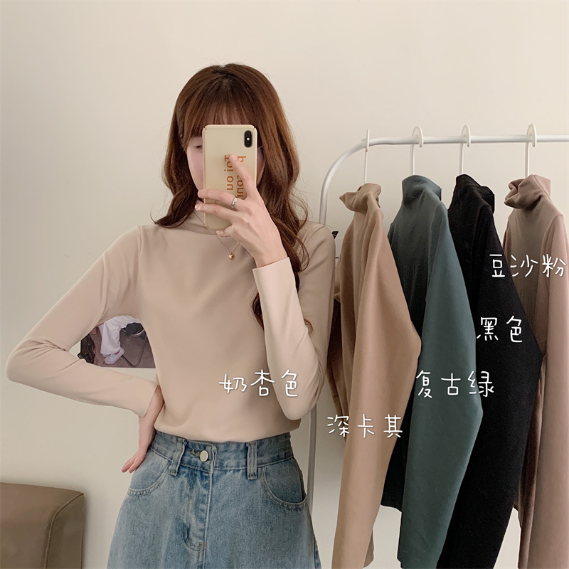 Real shot German velvet half turtleneck bottoming shirt women's T-shirt autumn and winter with velvet thickened hot girl long-sleeved top