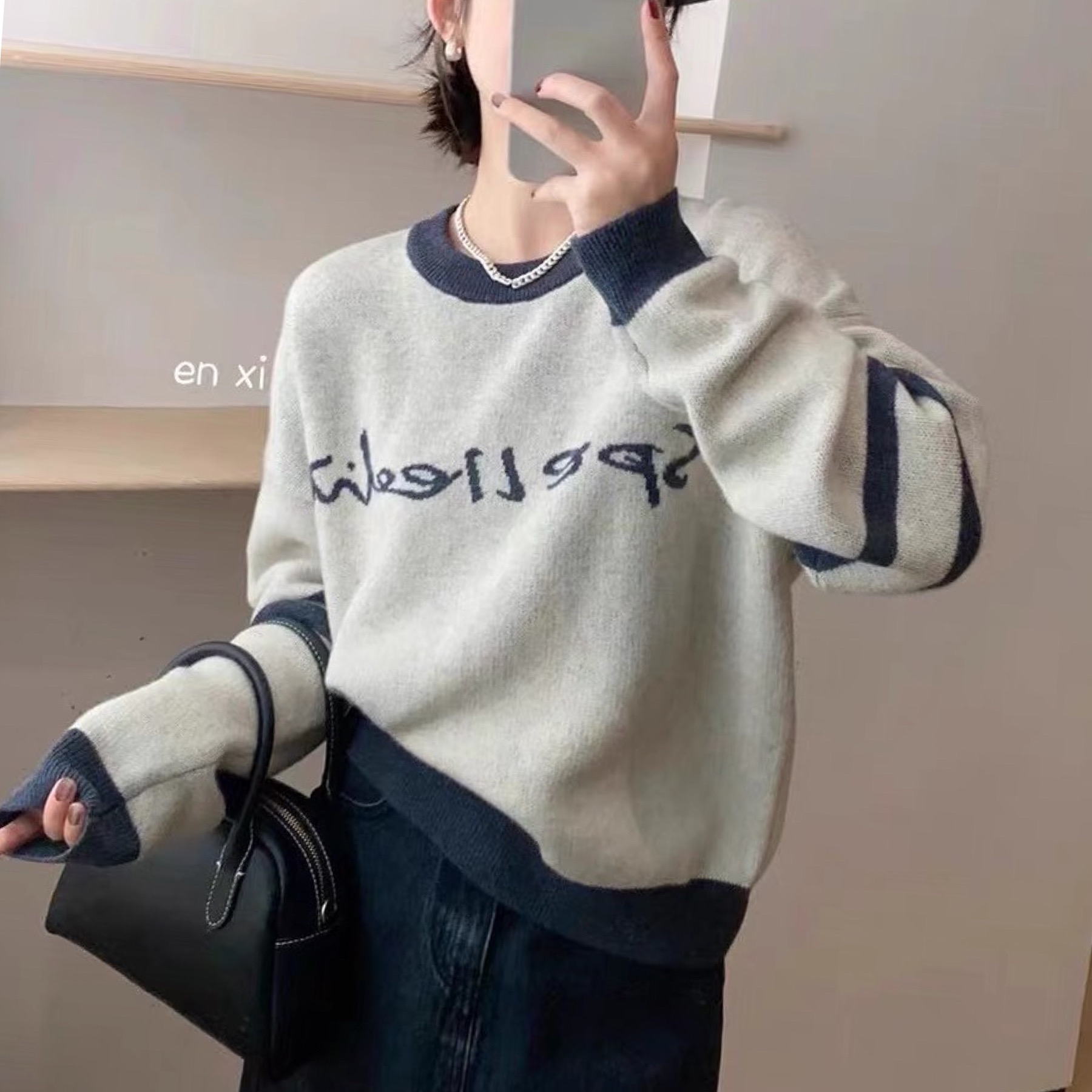 卡蔓詩enxi8805秋復古拼色圓領羊毛針織衫女韓版寬鬆休閒百搭毛衣