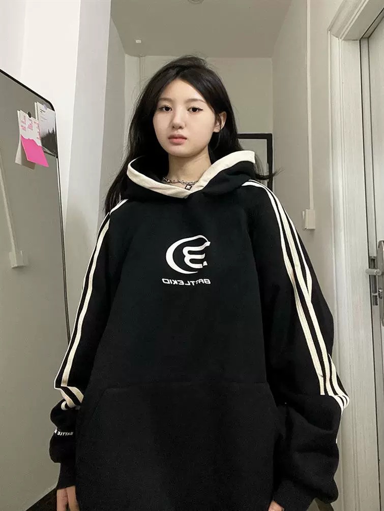 美式復古hiphop三條槓衛衣女秋冬連帽小眾oversize2023新款