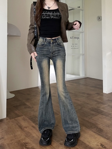 Actual shot#New retro distressed stretch denim trousers for women with design micro-flared floor-length trousers