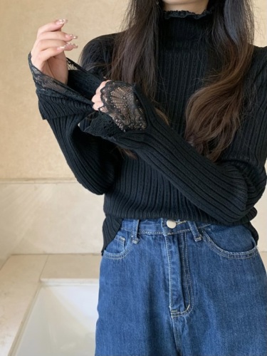 实拍 新款韩版宽松冬季加厚保暖半高领蕾丝拼接针织毛衣