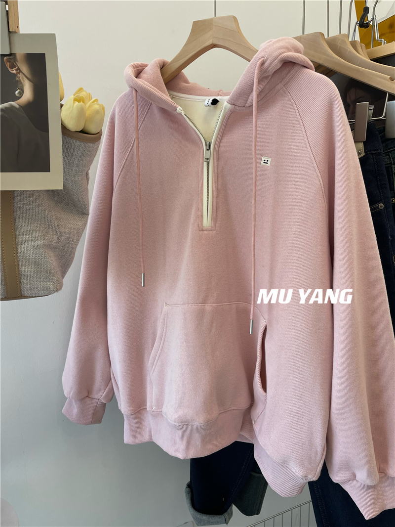 MUYANG 溫油三色 刺繡囧臉半拉鏈加絨連帽衛衣 加厚保暖秋冬上衣