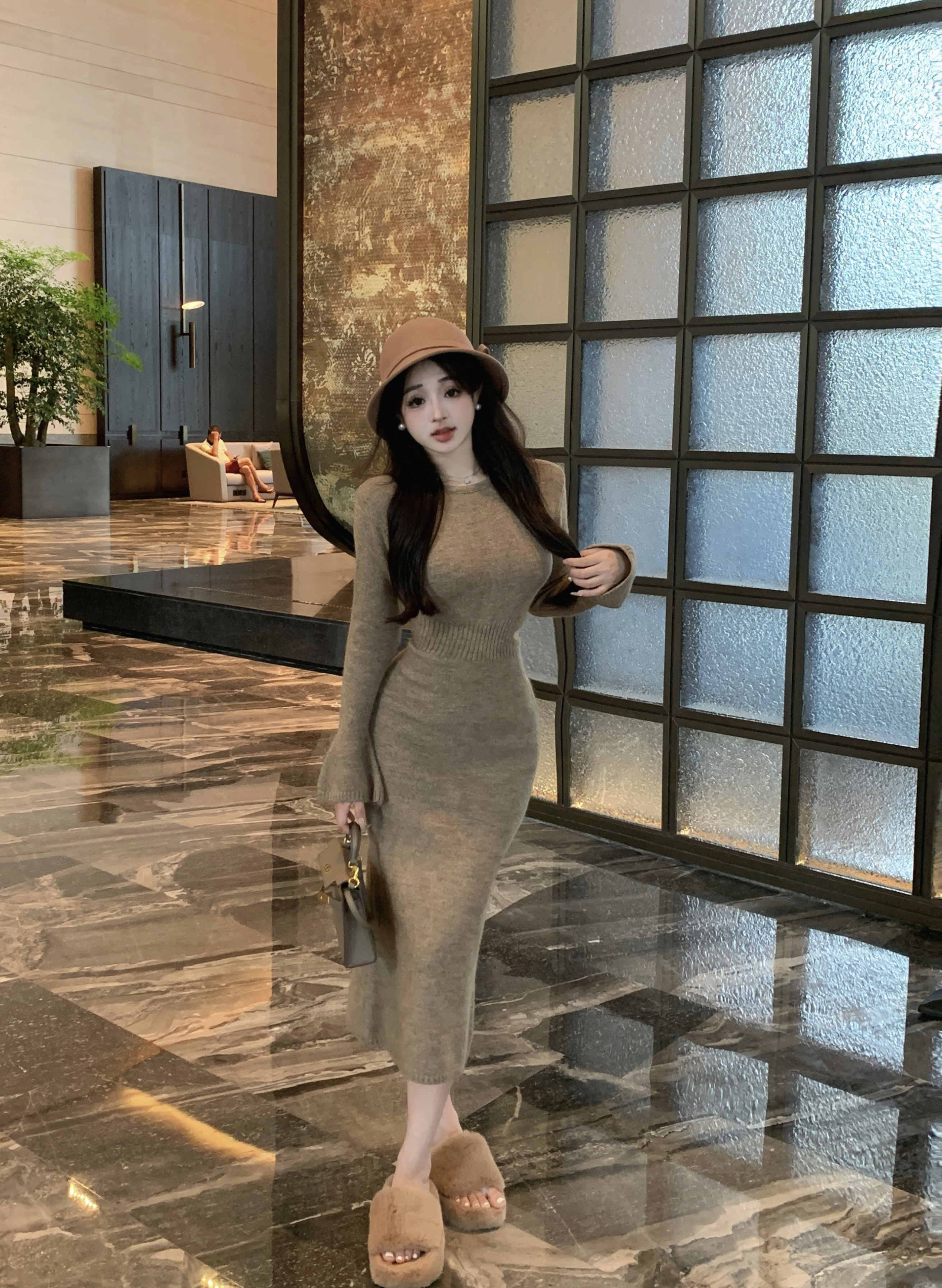 Actual shot~Slim fit knitted dress, mid-length waisted sweater skirt, knee-length bottoming sweater, autumn and winter style