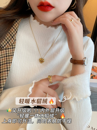Autumn and winter fleece-lined sweater for women, thickened with lace trim, half-high collar pullover, fashionable knitted base shirt, warm top