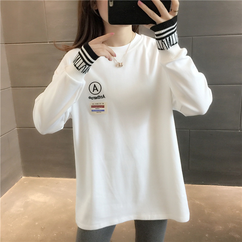 純棉白色t恤女長袖打底衫2023秋冬新款寬鬆刺繡加絨加厚內搭上衣