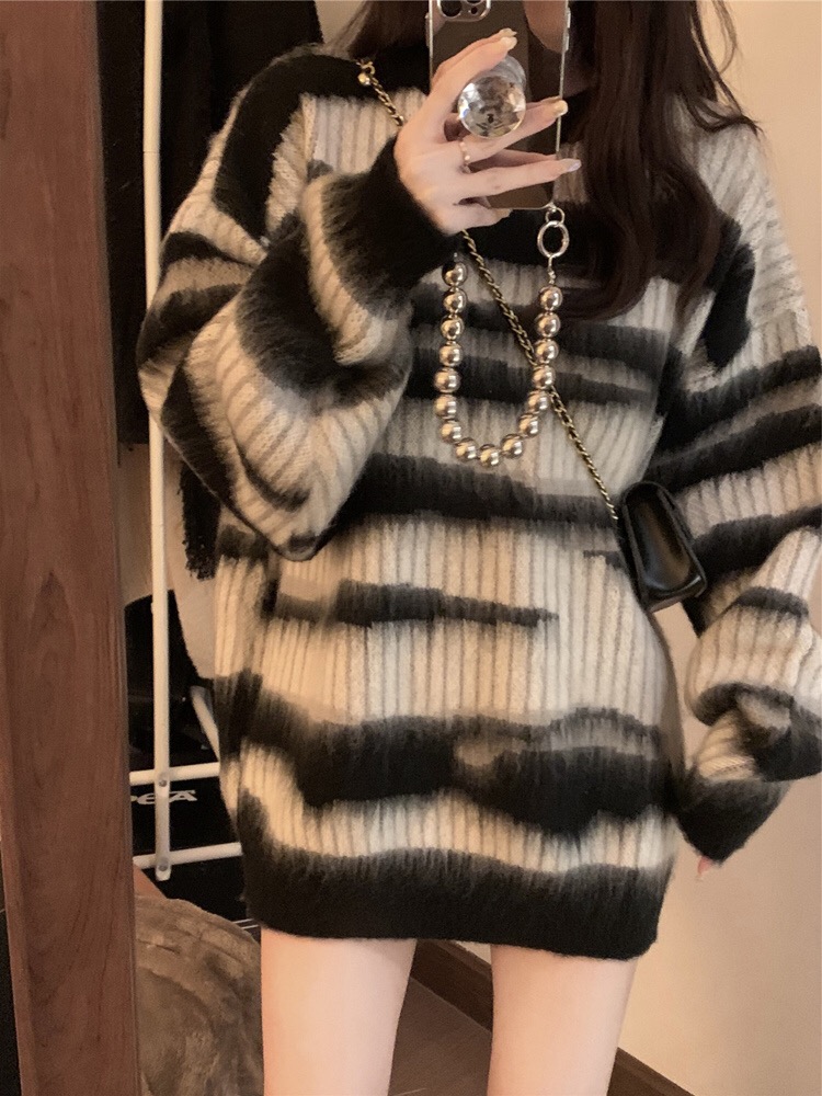 美式復古馬海毛撞色條紋毛衣女秋冬寬鬆慵懶中長款圓領針織衫上衣