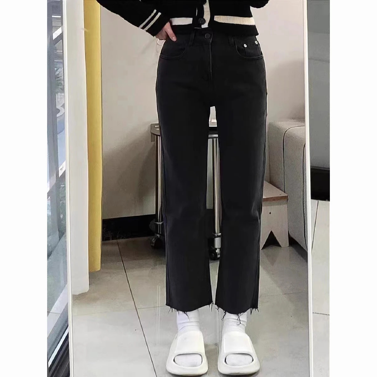 學院風黑色直筒牛仔褲女大碼胖mm高腰顯瘦梨形身材毛邊九分煙管褲