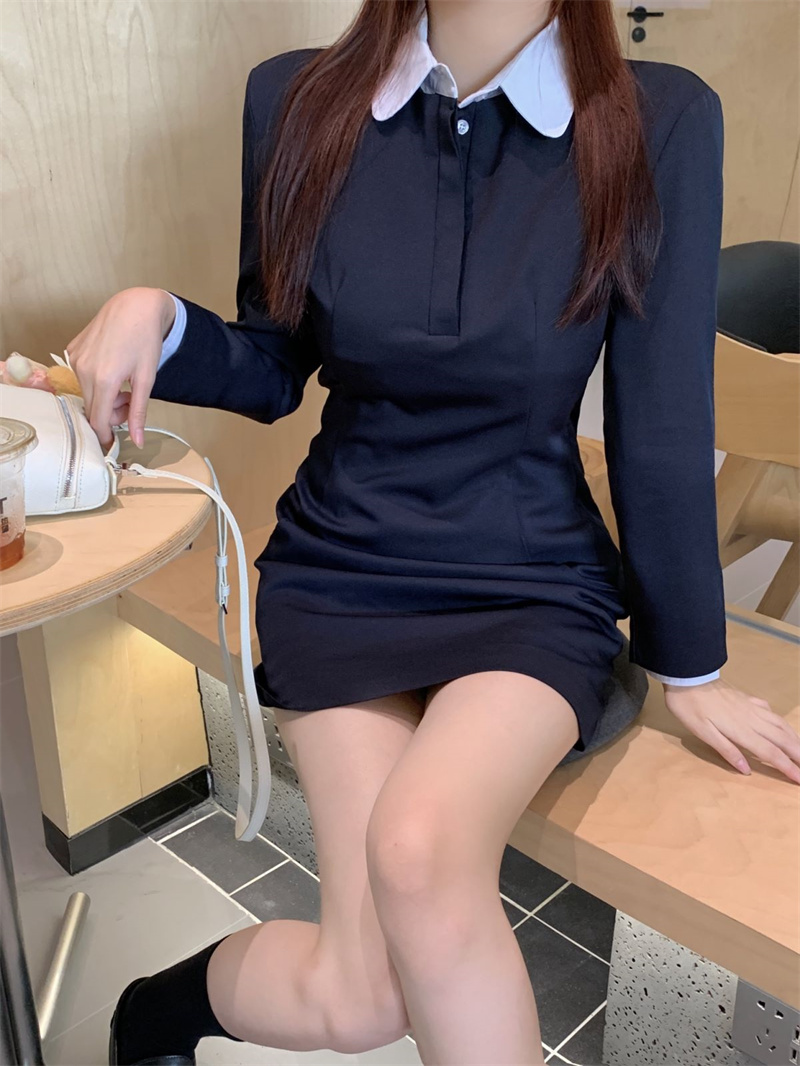 實拍~長袖西裝連衣裙女設計感小眾收腰假兩件高級感裙