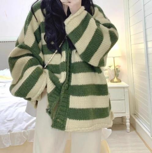 Striped knitted cardigan for women  spring and autumn Korean style loose sweater soft waxy mid-length top for women