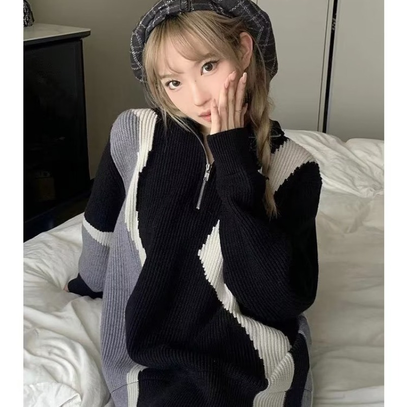撞色半拉鏈毛衣男女設計感小眾韓系風格穿搭慵懶風針織外套