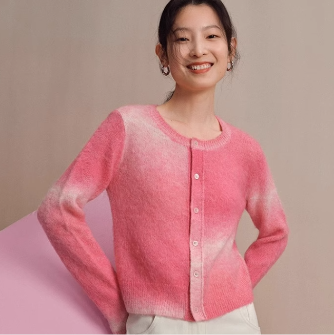 玫粉色漸變針織開衫女秋冬小香風毛衣外套外搭軟糯溫柔氛圍感上衣