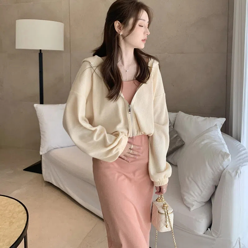 人間水蜜桃春季華夫格開衫寬鬆衛衣吊帶裙休閒套裝女