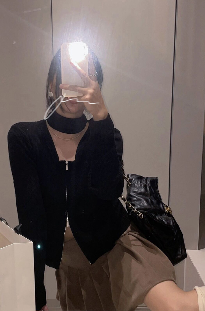 Real shot of Korean chic design high collar double zipper knitted sweater cardigan
