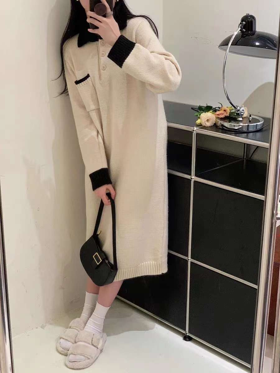 喜番自製法式氣質撞色小翻領內搭毛衣連衣裙女秋冬新款針織衫裙子