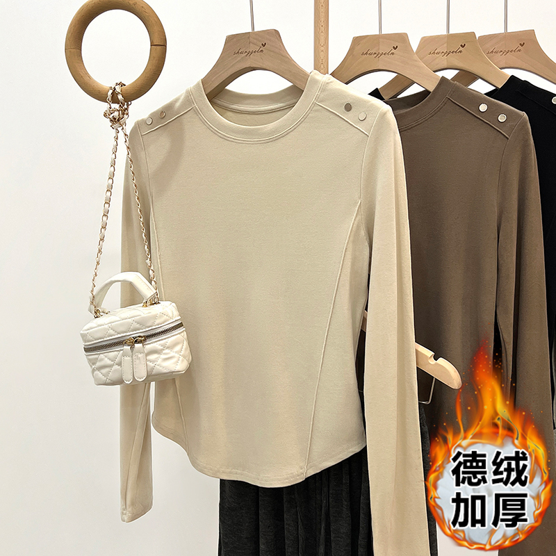 實拍不規則德絨打底衫女秋冬高級感紐扣長袖t恤魚骨短款上衣