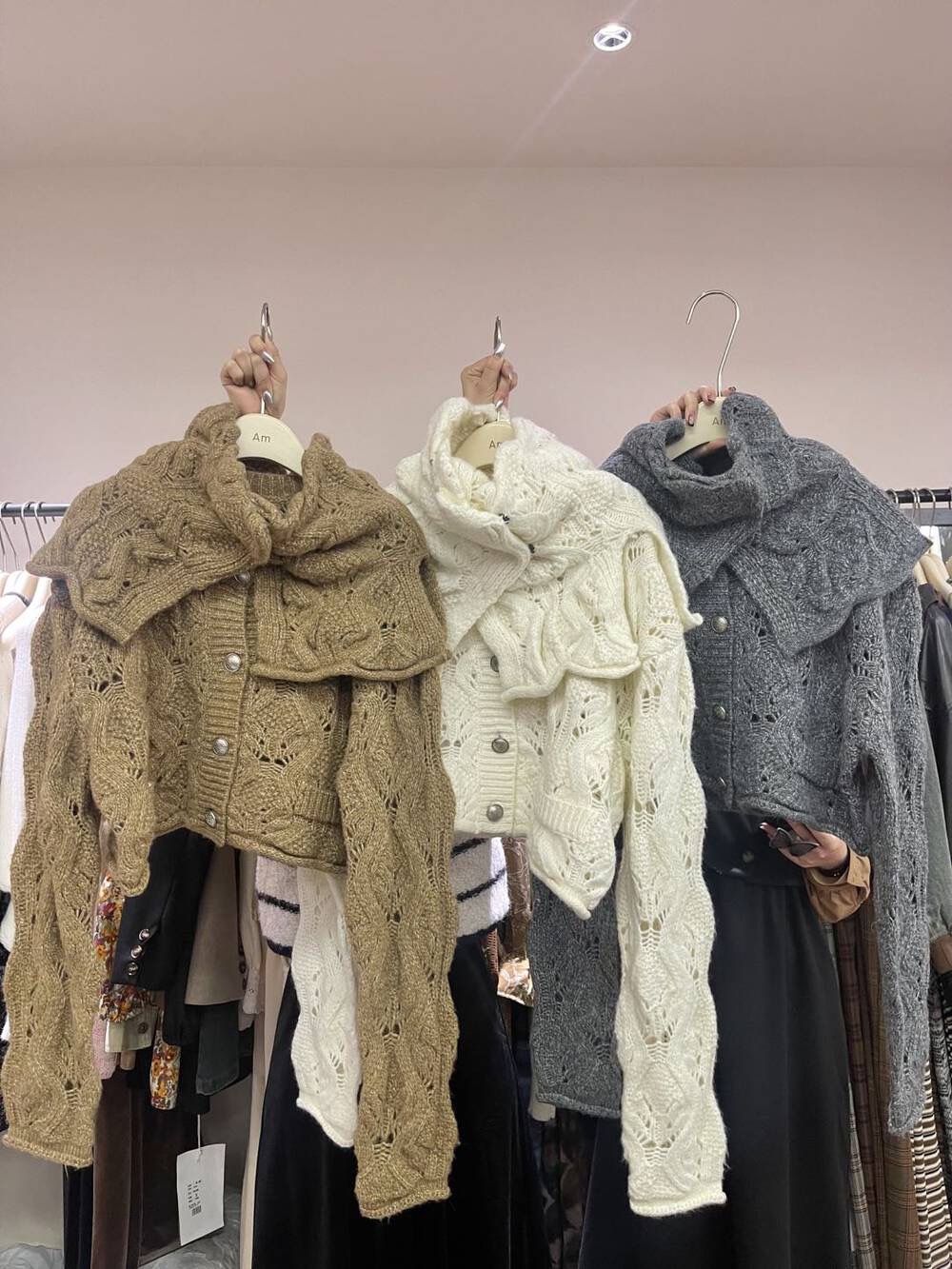 Thirteen Lines Autumn and Winter Twist Shawl Round Neck Buttoned Loose Hollow Knitted Cardigan Top Two-piece Suit for Women