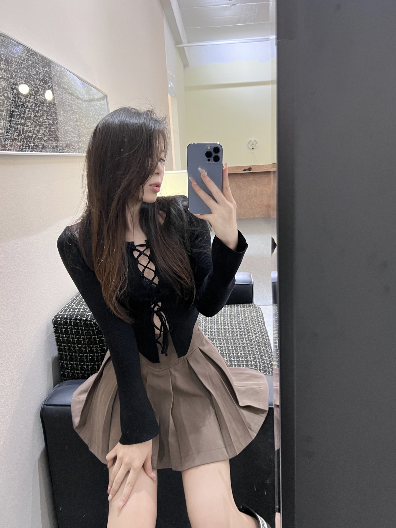 前後兩穿設計感綁帶針織衫上衣女秋冬短款修身顯瘦一字肩長袖毛衣