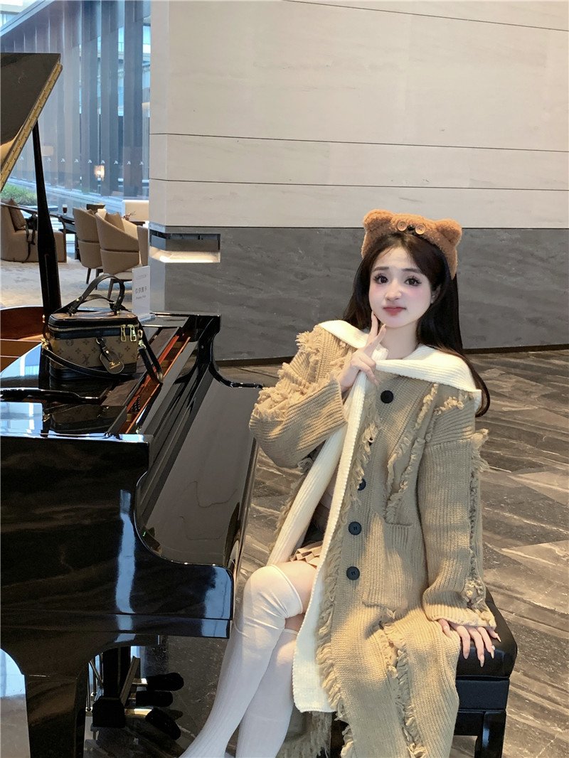 Actual shot 9935#~Retro lazy style long knitted cardigan for women with relaxed feel and loose hooded tassel thickened jacket